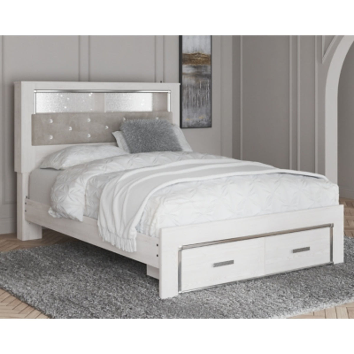 Altyra King Upholstered Bookcase Bed With Storage - White | Clarenville ...